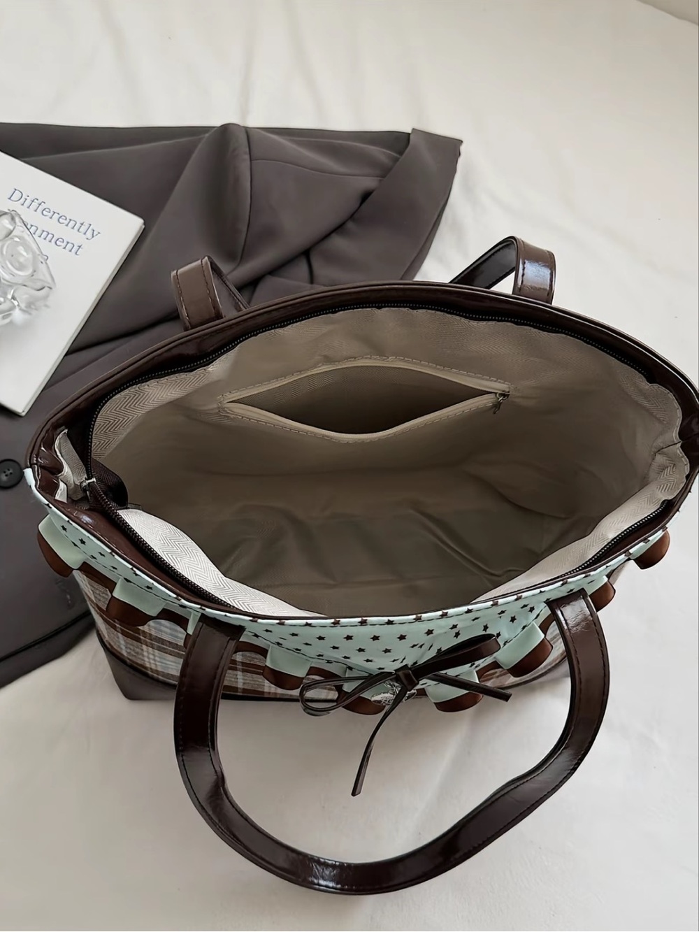 Brown Plaid Tote Bag with Light Blue Polka Dot Trim - Picture 2 of 5